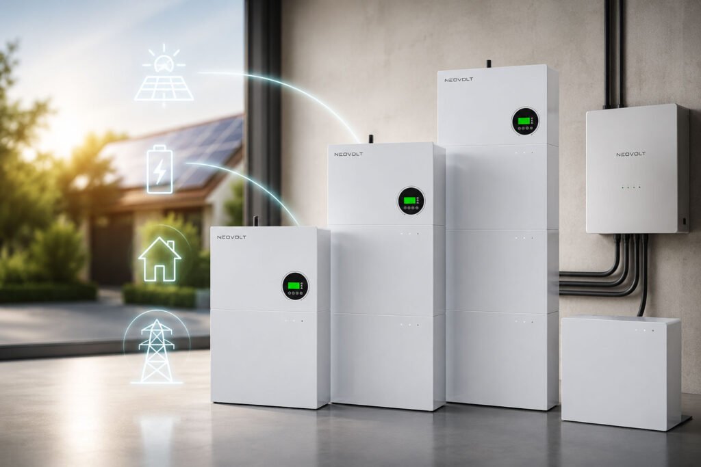 Home solar energy storage system with stacked white battery units labeled NEOVOLT, connected to wall box and wires, in a modern garage.