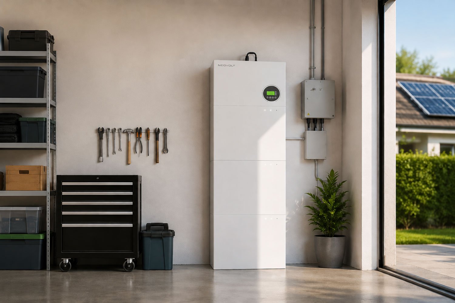 Tall white energy storage cabinet labeled Neovolt in a tidy garage, with tools on a wall and a rolling toolbox nearby.