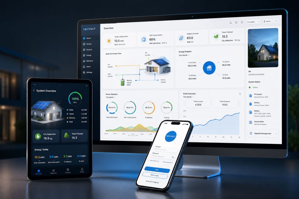 Desktop monitor showing a multi-panel home energy dashboard with solar, battery, and usage charts at a glance.