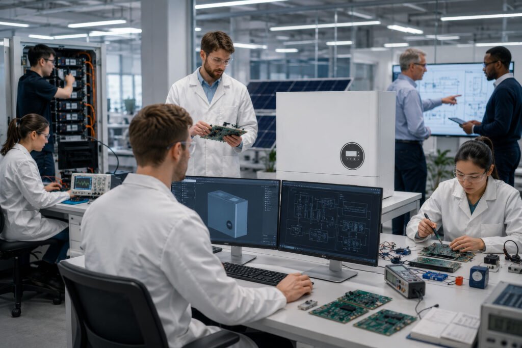Team of engineers in lab coats examining circuit boards at a modern electronics lab, with monitors showing schematics nearby.